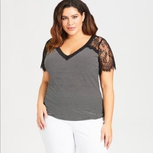 Lace Shoulder Black and White Stripe Top NWT